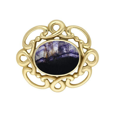 9ct Yellow Gold Blue John Twisted Rope Edge Brooch M120