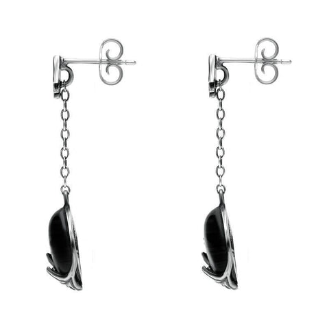 00074033 C W Sellors Silver Whitby Jet Acanthus Leaf Round Chain Drop Earrings, E1583.