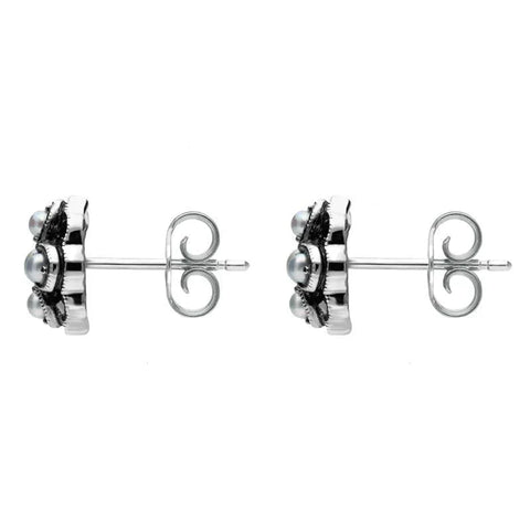 00082725 C W Sellors Sterling Silver Pearl and Marcasite Four Petal Flower Stud Earrings, E1690.