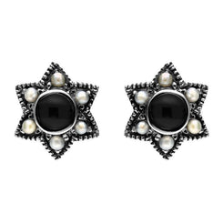 00150645 C W Sellors Sterling Silver Whitby Jet and Pearl Six Point Star Stud Earrings, E1638.