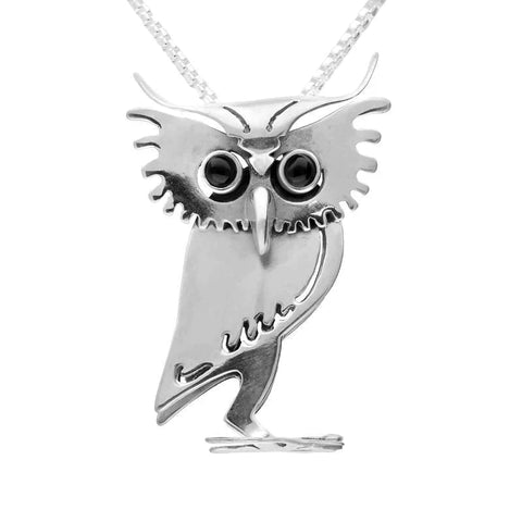 00159720 C W Sellors Sterling Silver Whitby Jet Large Three Dimensional Owl Necklace, P3304C.