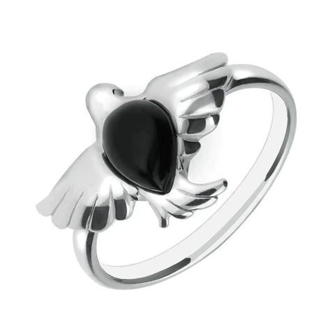 00167693 C W Sellors Sterling Silver Whitby Jet Pear Stone Bird Ring, R1173