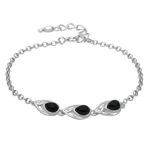 Sterling Silver Whitby Jet 3 Stone Pear Bracelet, B1005