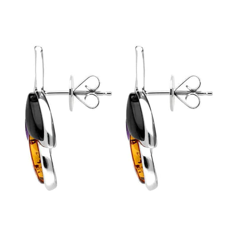 Sterling Silver Whitby Jet Amethyst Amber Three Leaf Stud Earrings E2494