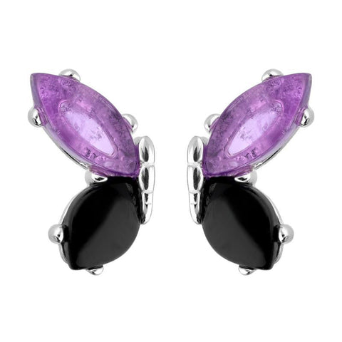 Sterling Silver Whitby Jet Amethyst Two Stone Butterfly Stud Earrings E2496