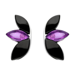 Sterling Silver Whitby Jet Amethyst Three Leaf Stud Earrings E2498