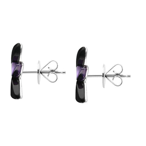 Sterling Silver Whitby Jet Amethyst Three Leaf Stud Earrings E2498