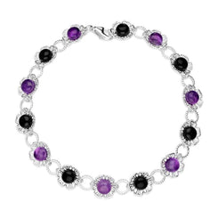 Sterling Silver Whitby Jet Amethyst Flower Bracelet B1159