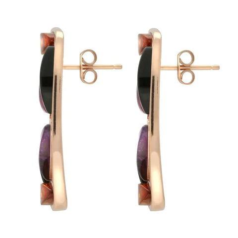 Sterling Silver Rose Gold Vermeil Whitby Jet Amber Amethyst Six Stone Earrings, E2517