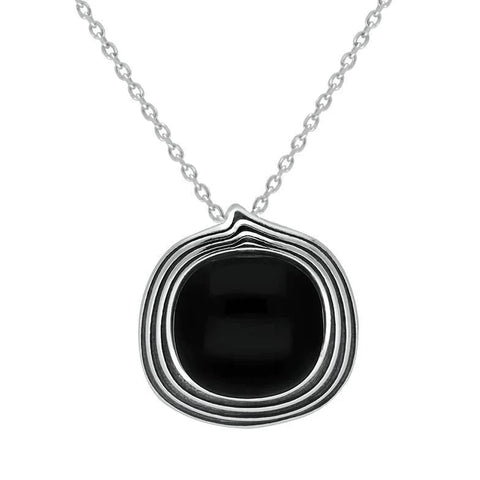 00178888 Sterling Silver Whitby Jet Cushion Stone Patern Edge Necklace P3517.