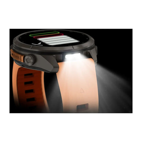 A rugged smartwatch with a dark gray case and a peach-colored strap, shown with a bright built-in LED light shining downward. The brand name 'PENUMIK' is visible on the side of the watch case.