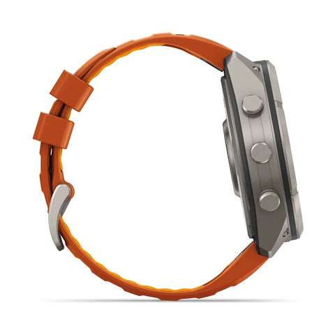 A side profile view of a rugged smartwatch with a metallic gray case and a vibrant orange silicone strap, shown on a clean white background.