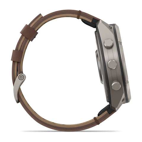 A side profile view of a smartwatch with a brown leather strap and a metallic gray case, shown against a plain white background.