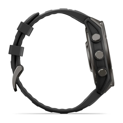 A rugged black smartwatch shown from the side profile against a clean white background.