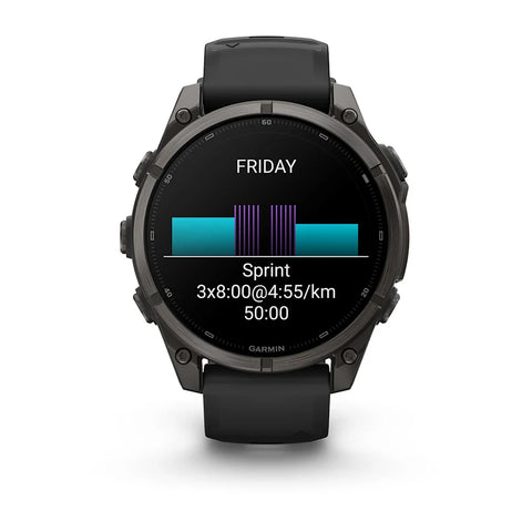 A Garmin smartwatch with a black strap and dark gray metallic case, shown from the front on a white background. The watch screen displays a fitness summary for 'FRIDAY' with a teal and purple bar graph and a sprint workout record.