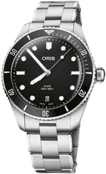 Oris Divers Date Watch with black dial, steel bracelet, steel case
