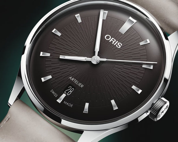 Oris Artelier Date 38mm Brown Leather Watch with black dial, leather strap, steel case
