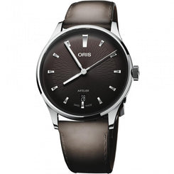 Oris Artelier Date 38mm Brown Leather Watch with black dial, leather strap, steel case