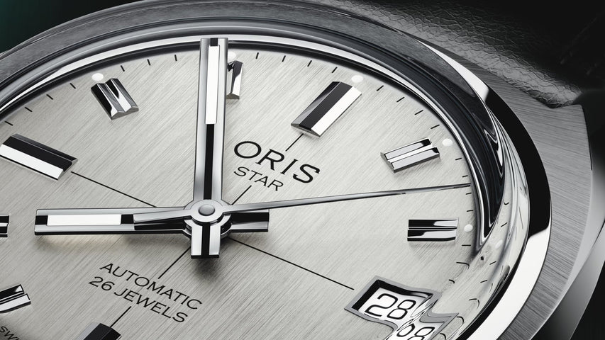 Oris Heritage Star Edition Watch with grey dial, leather strap, steel case