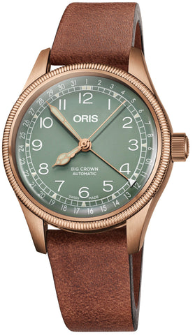 Oris Big Crown Pointer Date Bronze Watch with green dial, leather strap