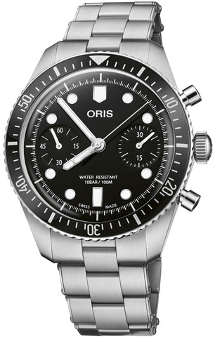 Oris Divers Sixty Five Chronograph Bracelet Watch with black dial, steel bracelet, steel case