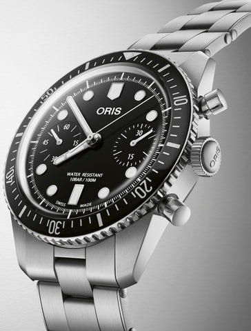 Oris Divers Sixty Five Chronograph Bracelet Watch with black dial, steel bracelet, steel case