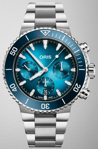 Oris Aquis Chronograph Watch with blue dial, steel bracelet, steel case