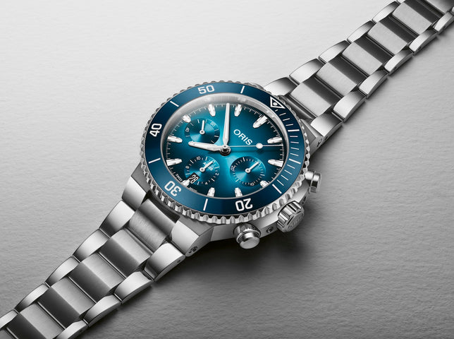 Oris Aquis Chronograph Watch with blue dial, steel bracelet, steel case