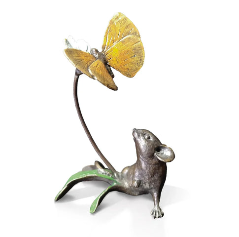 Metallic sculpture of a mouse with a butterfly on a white background