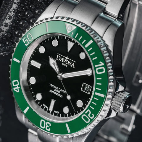 Davosa Ternos Diver Black Dial Green Bezel Tri Link Watch