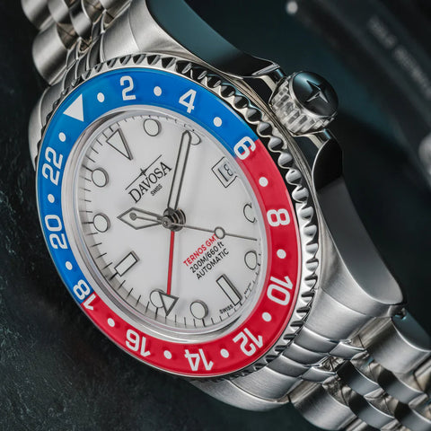 Davosa Ternos GMT Lucent Blue Red Penta Link Strap Watch