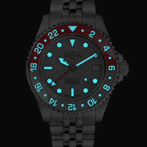 Davosa Ternos GMT Lucent Grey Red Penta Link Strap Watch product detail view