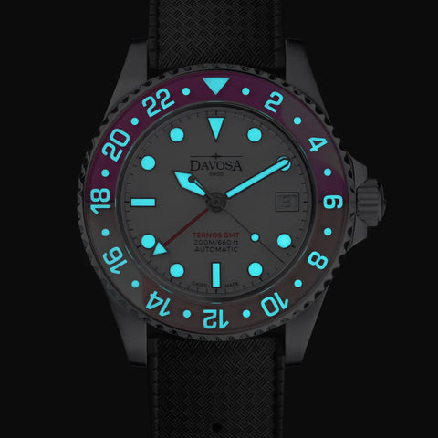 Davosa Ternos GMT Lucent Grey Red Black Rubber Watch