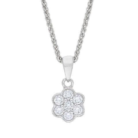 18ct White Gold 0.24ct Diamond Millgrain Cluster Pendant and Chain