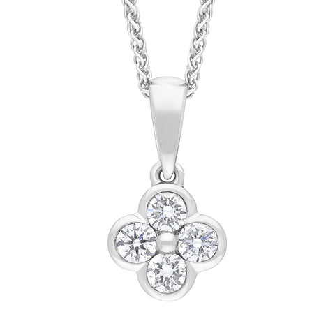 18ct White Gold .25 4 Stone Cluster Diamond Pendant & Chain