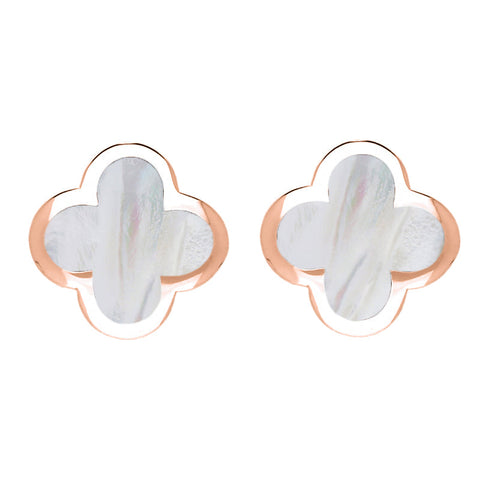 18ct Rose Gold White Mother of Pearl Bloom Four Leaf Clover Stud Earrings