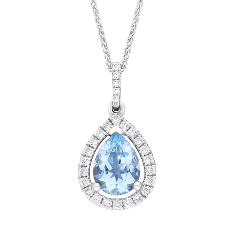 18ct white gold pear cut claw cluster pendant featuring an aquamarine weighing 0.93 carats, adorned with diamonds totaling 0.21 carats. The pendant is presented on a matching chain, highlighting the elegant design and sparkling accents.