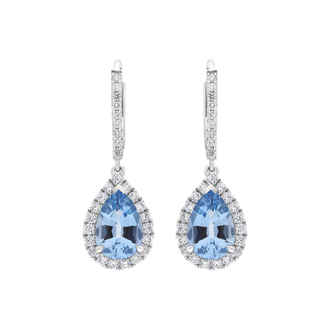 18ct White Gold 1.90ct Aquamarine 0.61ct Diamond Pear Cut Drop Earrings