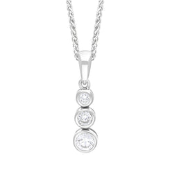 18ct white gold trilogy pendant featuring three graduated diamonds totaling 0.21 carats, suspended from a matching chain. The pendant's elegant design highlights the shimmering diamonds, creating a beautiful piece suitable for any occasion.