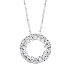 18ct white gold circle pendant featuring two rows of diamonds totaling 0.56 carats, suspended on a matching chain. The pendant's elegant circular design enhances the sparkle of the diamonds, creating a timeless piece of jewelry.