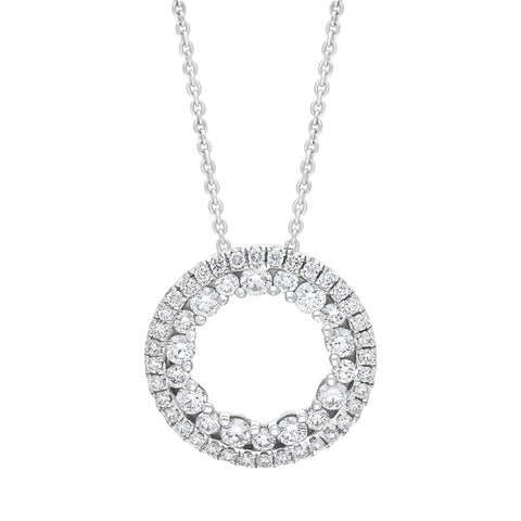 18ct white gold circle pendant featuring two rows of diamonds totaling 0.56 carats, suspended on a matching chain. The pendant's elegant circular design enhances the sparkle of the diamonds, creating a timeless piece of jewelry.