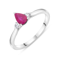 18ct White Gold 0.48ct Ruby 0.10ct Diamond Pear Cut Three Stone Ring