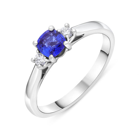 18ct White Gold 0.48ct Sapphire 0.07ct Diamond Cushion Cut Ring