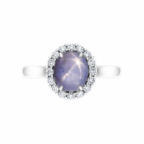 18ct White Gold Star Sapphire Diamond Oval Cluster Ring, PJW-409