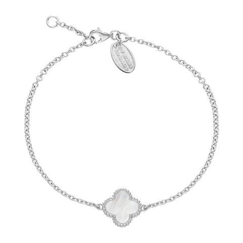 18ct White Gold WHITE MOP Bloom Four Leaf Clover Ball Edge Chain Bracelet, B1154