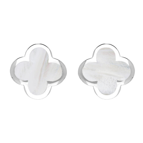 18ct White Gold WHITE MOP Bloom Four Leaf Clover Stud Earrings, E2465