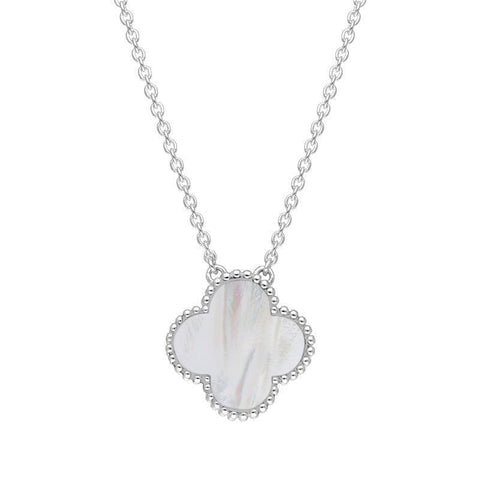 18ct White Gold WHITE MOP Bloom Large Four Leaf Clover Ball Edge Chain Necklet, N1043