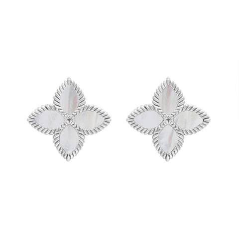 18ct White Gold WHITE MOP Bloom Marquise Flower Stud Earrings