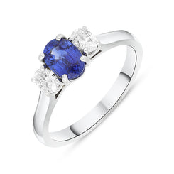 18ct White Gold 0.94ct Sapphire Diamond Oval Cut Three Stone Ring, FEU-2597.