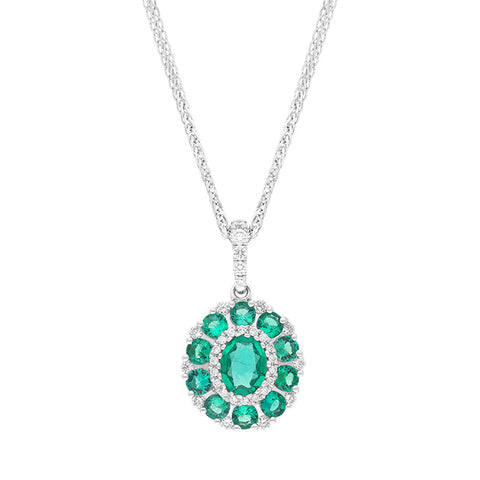 18ct White Gold Emerald Diamond Cluster Oval Pendant, FEU-2606.